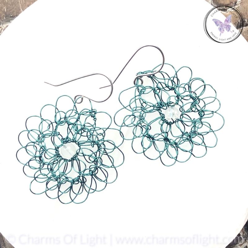 Copper Wire Crochet Medallion Earrings With Clear Quartz (Teal)